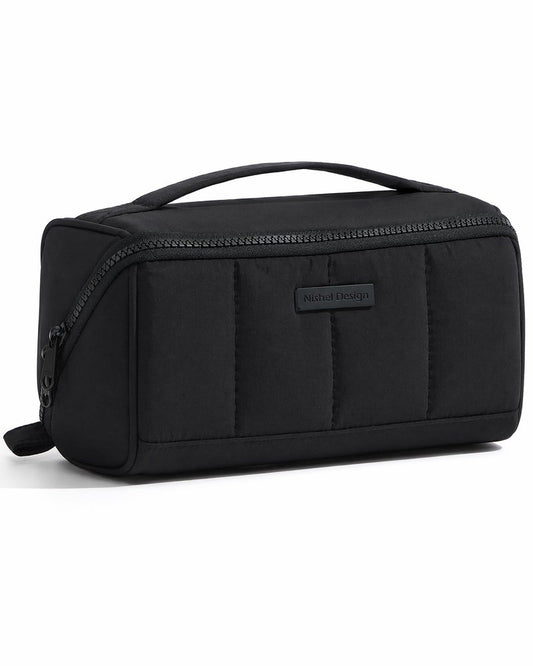 NISHEL Travel Makeup Bag for Women, Fluffy & Lightweight Open Flat Cosmetic Organizer with Multiple Functional Divider for Brush Independent Storage, Handle for Easy Portability, Black