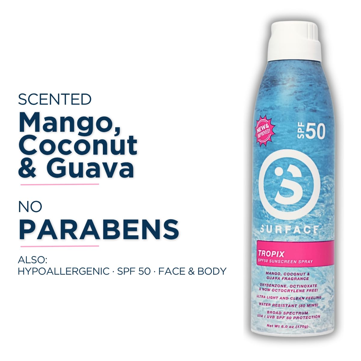 Surface Sunscreen Spray SPF 50 for Body, Lightweight Natural Formula, Reef Friendly, Broad Spectrum UVA UVB Protection, Water Resistant Sun Care for 80 Minutes Outdoor Use, Tropical Scent, 6oz