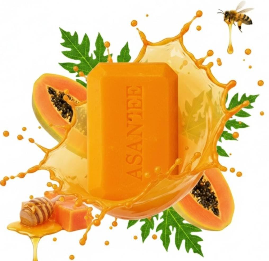 ASANTEE PAPAYA & HONEY Soap Bars with Vitamin C,E and Q10 Skin Cleansing 4.40 Oz (Pack of 3)