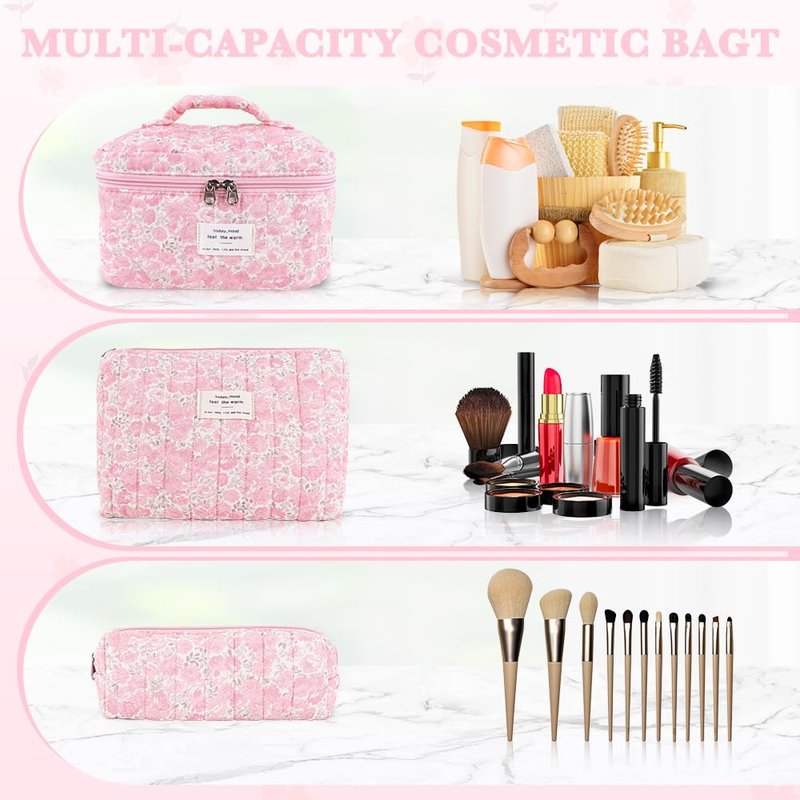 Hatende 3Pcs Cotton Quilted Makeup Bag Set,Large Floral Cosmetic Bag，Aesthetic Toiletry Travel Makeup Bag Set and Cute Flower Bag for Women Girls (Pink Flower)