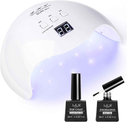 40W Gel UV LED Nail Polish Lamp & No Wipe Top/Base Coat Set - Professional Nail Dryer with 3 Timers
