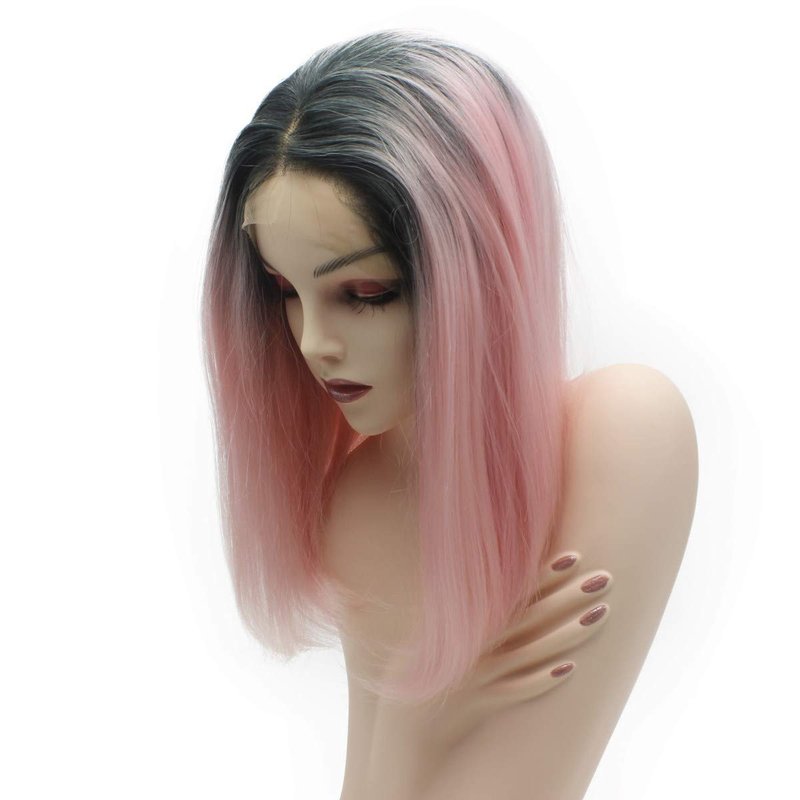 iwonawig Iewig Short Bob Straight Dark Roots Pink Wig Half Hand Tied Synthetic Lace Front Heat Friendly Fiber