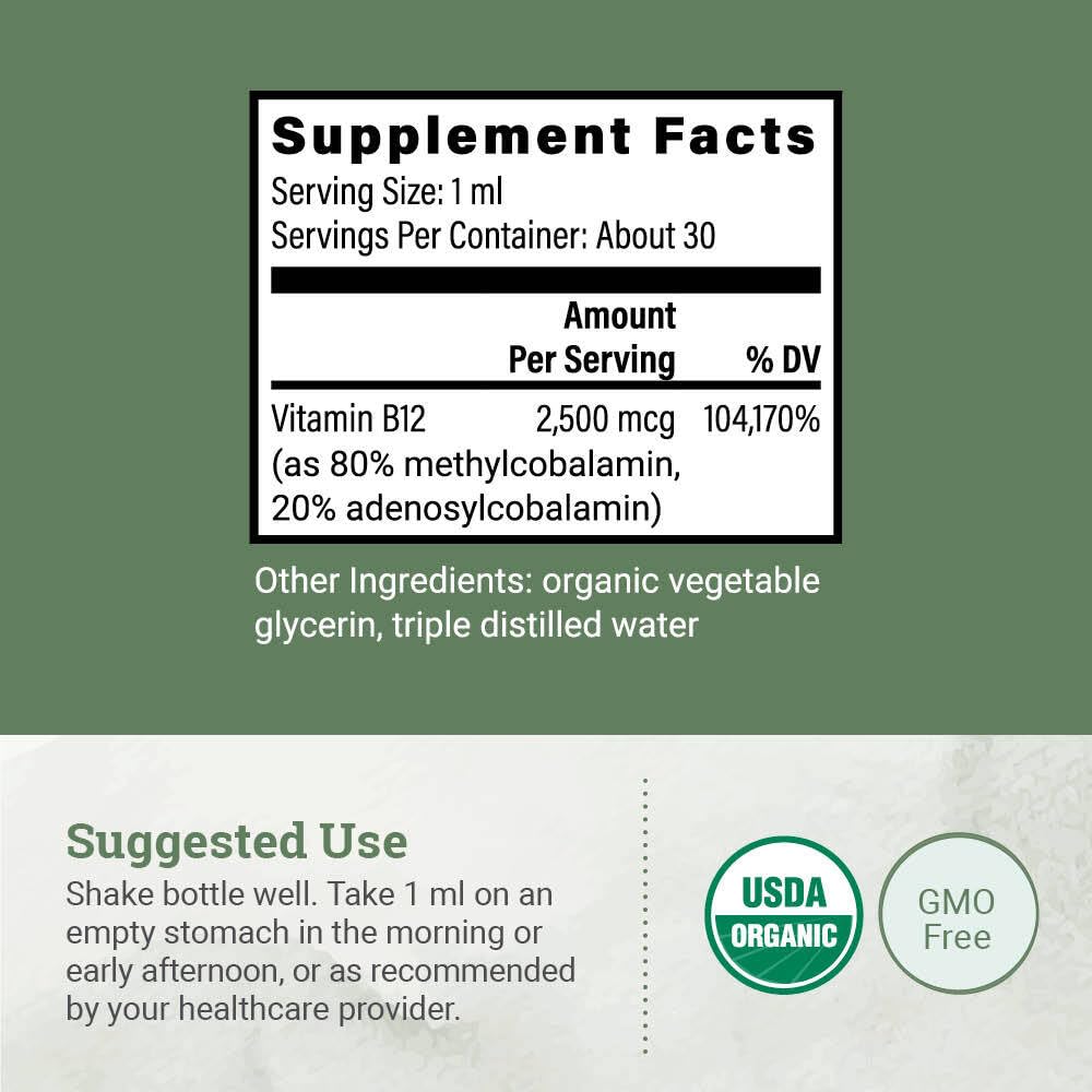 Earth Harmony Naturals Organic Vegan Vitamin B12 Sublingual Liquid Supplement - 2500mcg Methylcobalamin Drops for Natural Energy, Metabolism Health and Immune System Support - 1 Fl Oz