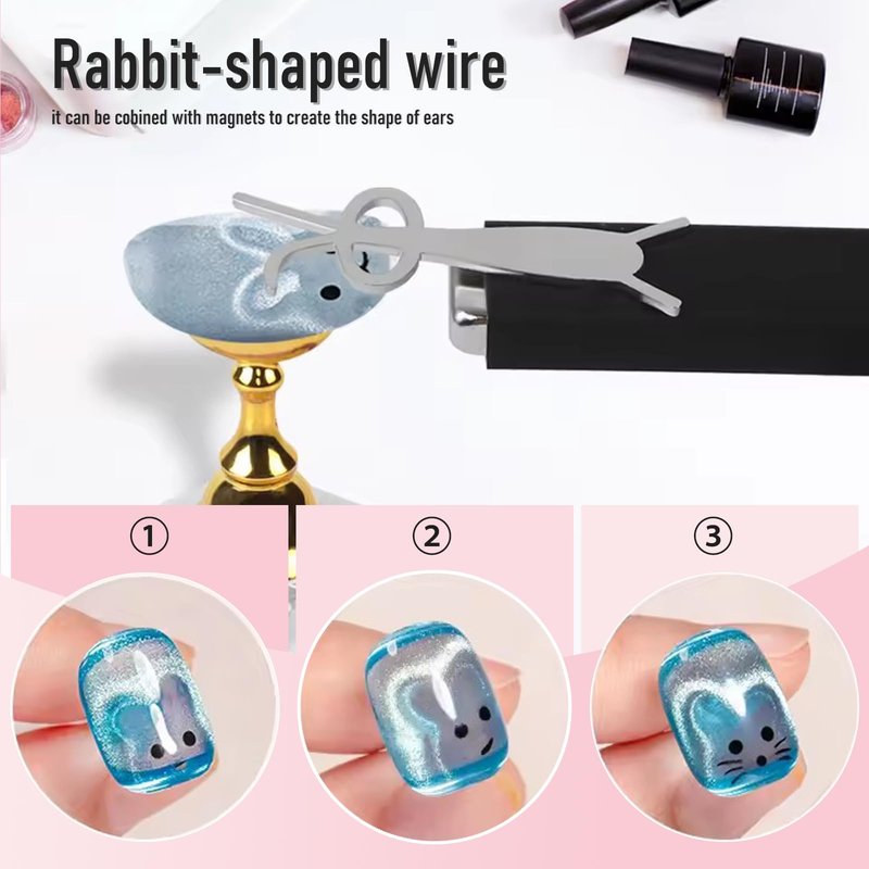 WOKOTO 2 PC Strong Magnetism Cat Eye Magnets With 9 Pcs Iron Stencils For Nails, Cylinder & Rectangular Bar Nail Magnet With Rubber Cover, French Smile Line, Heart And Bunny Stencils Magnet Tools Set
