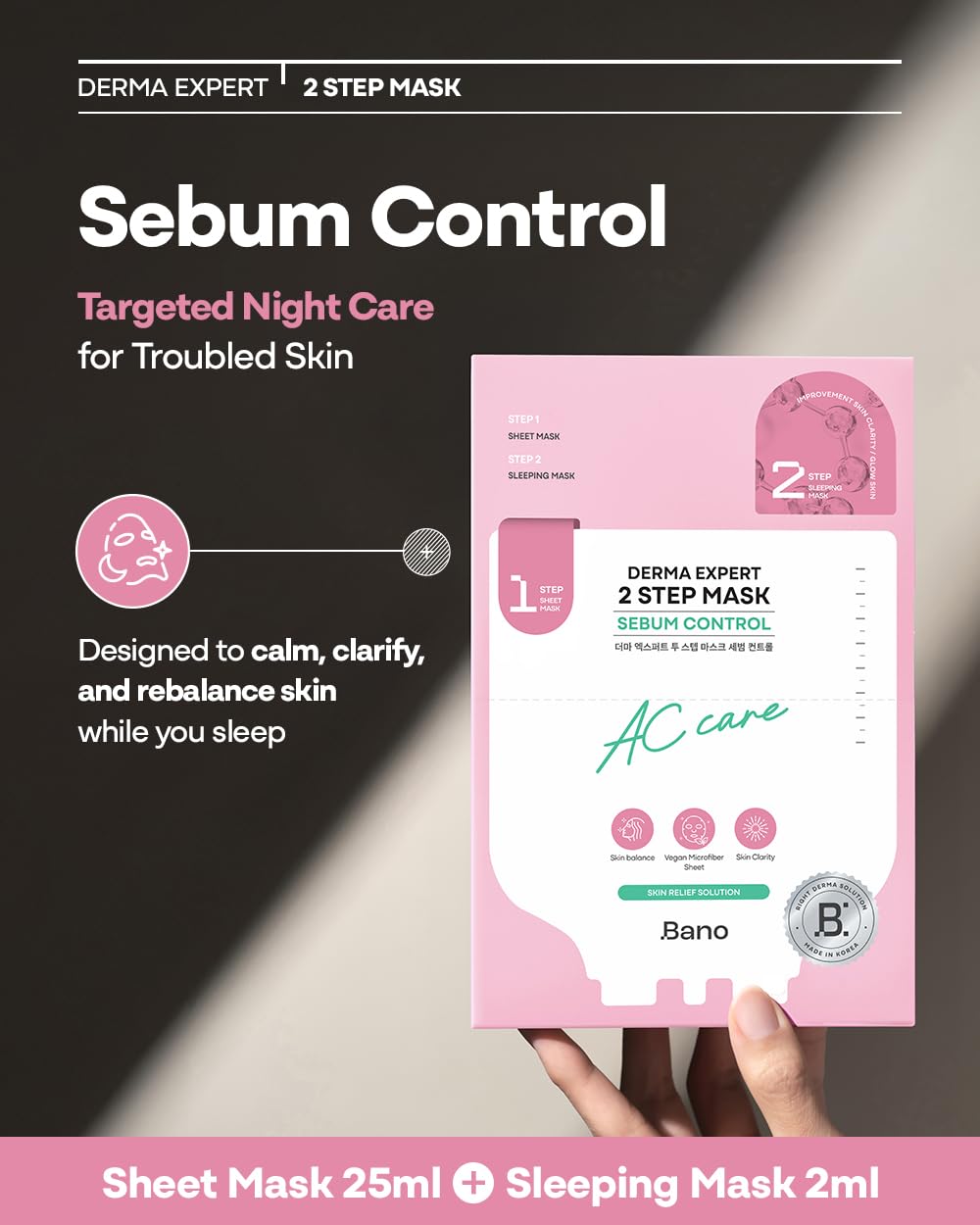 Bano Derma Expert 2 Step Sebum Control Face Mask - Soothing Sheet & Sleeping Mask with Salicylic Acid | 7 Sheets for Glass Skin