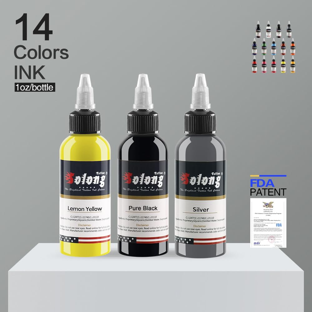 14PCS Tattoo Ink Color Set, Solong 1oz (30ml) Pigment Kit Color Tattoo Ink TI302-30-14-US
