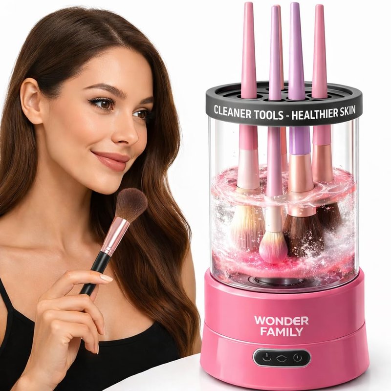 Electric Makeup Brush Cleaner – Automatic Brush Washer for Brushes & Sponges, USB Rechargeable Cleaning Machine with Silicone Disk, Portable Holder Stand (Pink) (Pink)