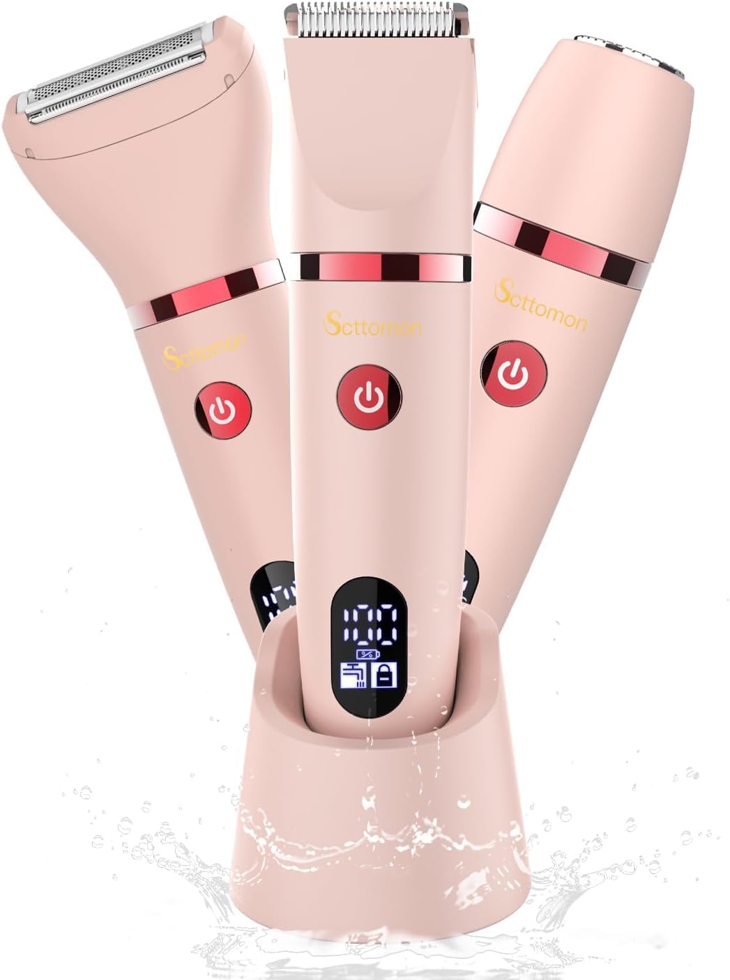 Scttomon 3-in-1 Electric Razor IPX7 Waterproof Bikini Trimmer Wet & Dry Use Painless Personal Trimmer Groomer for Ladies Face Body Legs Bikini Public Hairs Electric Lady Shaver with Replaceable Heads