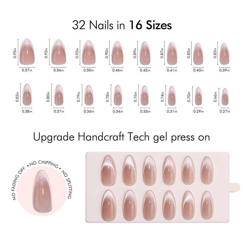 Press On Nails Almond Medium - Cat Eye French Tip Nude Pink Sparkly | 32 Pcs, Reusable, Semi-Transparent for Spring Weddings