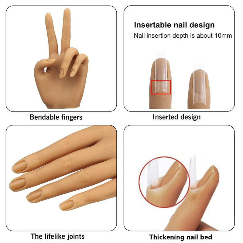 Silicone Practice Hand for Acrylic Nails - Flexible Life-Size Mannequin with Stand | Right Hand