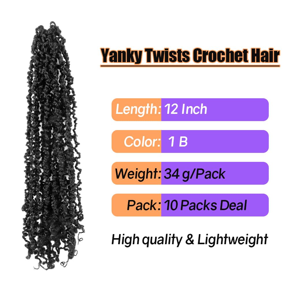 12 Inch 10 Packs Yanky Twist Crochet Hair for Black Women Pre-twisted Natural Kinky Mini Spring Twist Small Curly Senegalese Twist Braids (1B)