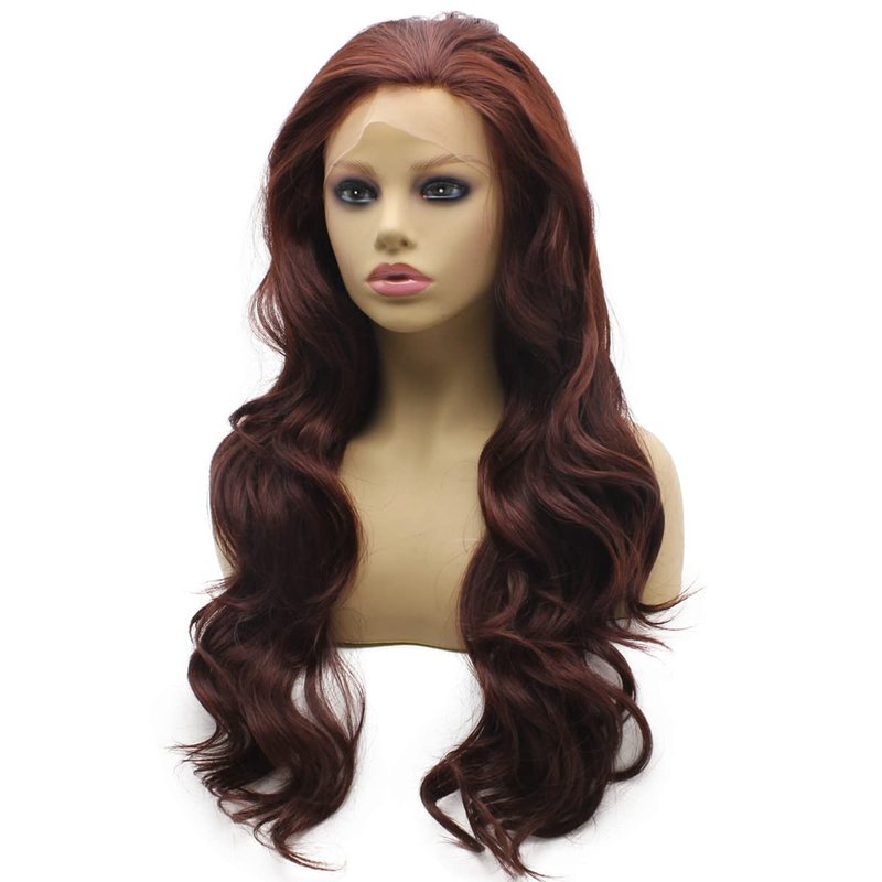 Peakia Long Wavy Dark Red Natural Half Hand Tied Synthetic Lace Front Wig