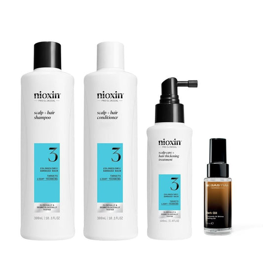Nioxin Scalp + Hair Thickening System 3 Kit | For Colored, Dry, & Damaged-Hair with Light Thinning | Cleanse, Condition, & Treat + Sebastian Professional Dark Oil Lightweight Styling| Bundle