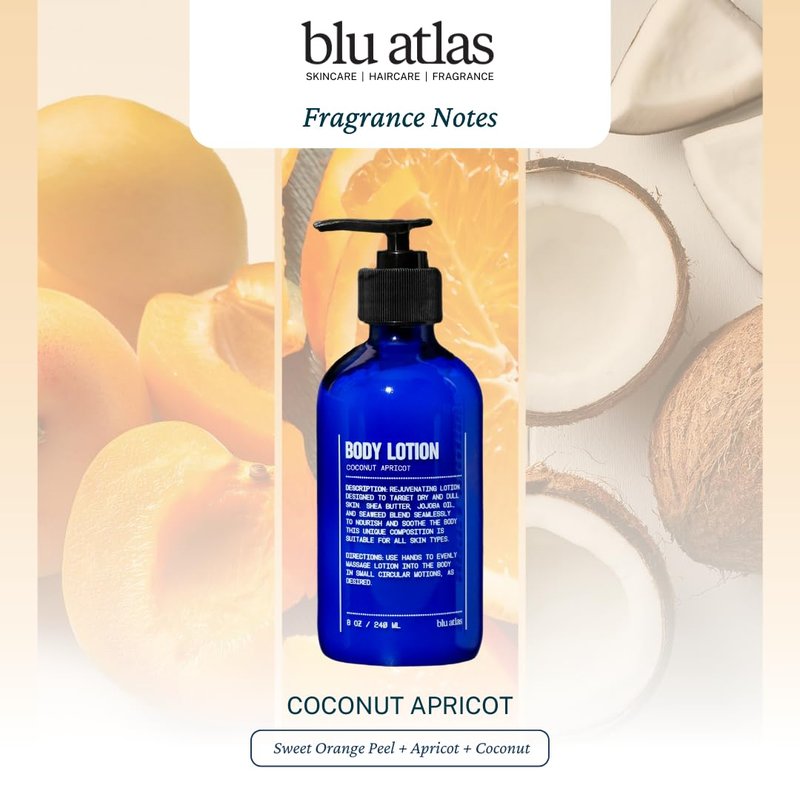 Blu Atlas Nourishing Body Lotion, 8 oz/240 ml – Vegan Shea Butter Body Lotion for Men, Suitable for All Skin Types- Coconut Apricot