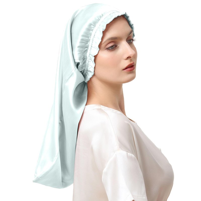 THXSILK 100% Mulberry Silk Bonnet for Sleeping Women Sleep Bonnet with Elastic Band Silk Wrap Hair Cap for Women Long Curly Hair Light Blue