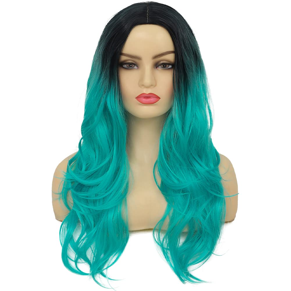Swiking Curly Ombre Bluish Green Wigs for Women Long Wavy Natural Middle Part Dark Roots Blue Wave Hair Wigs Synthetic Wig for Party Cospaly Halloween