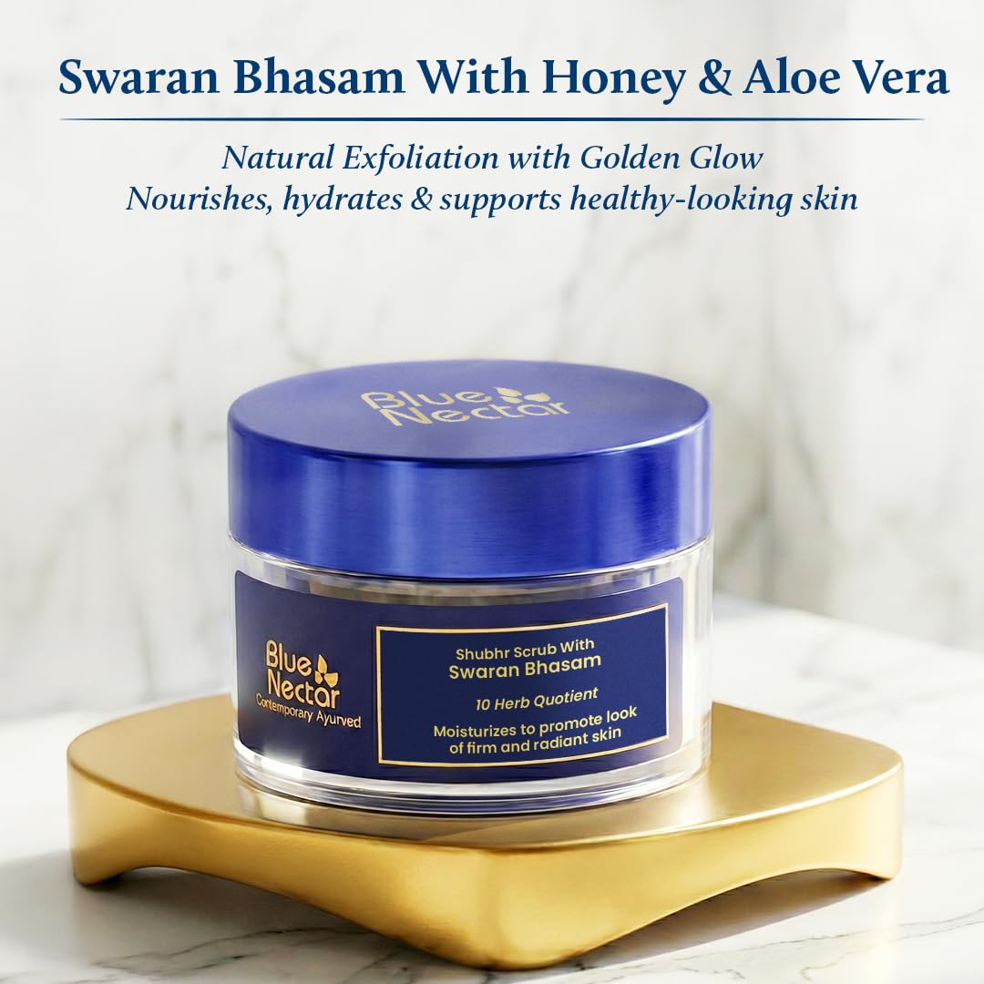 Blue Nectar Gold Face Scrub for Glowing Skin | Cleanser & Exfoliating Scrub with Aloe Vera, Walnut & Kumkumadi for Men & Women | Ayurvedic Tan Removal (12 Herbs, 1.7 Oz)