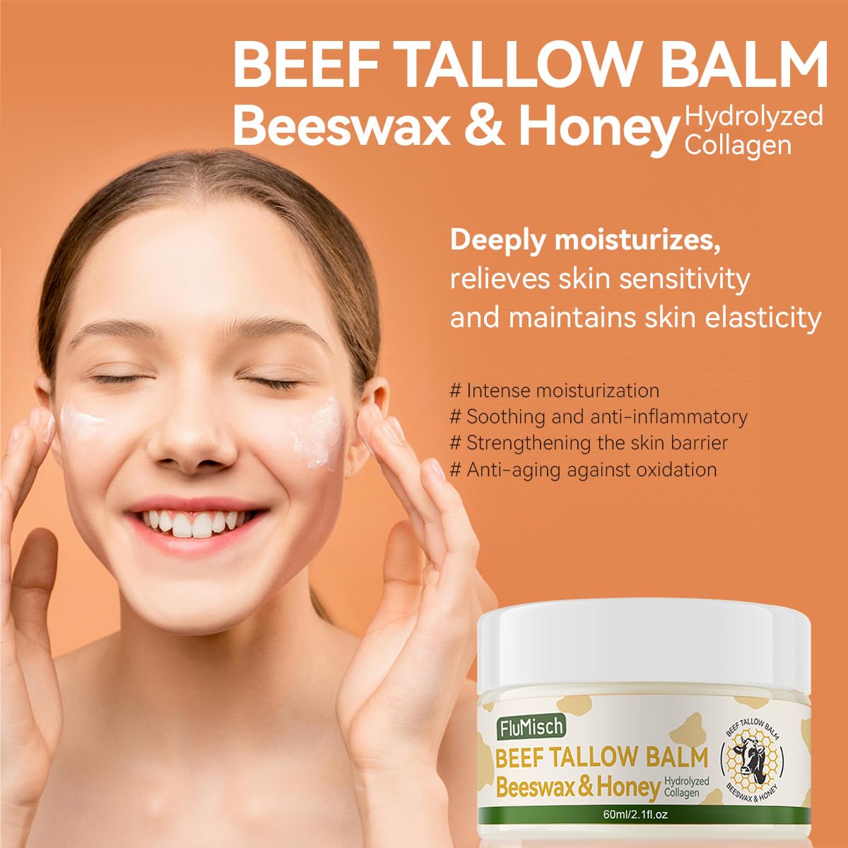 FluMisch Beef Tallow Moisturizer for Skin, Grass Fed Beef Tallow for Face and Bady with Organic Raw Honey and Beeswax, Tallow and Honey Balm for Deep Nourishment Dry Skin (60ml/2.1fl.oz)