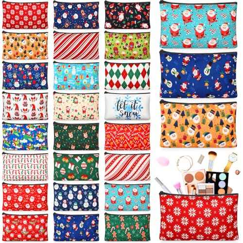 Meanplan 24 Pcs Christmas Cosmetic Bags Christmas Canvas Travel Makeup Bags Snowman Snowflake Santa Cosmetic Organizer with Zipper for Women Girl Xmas Party Gifts Supplies