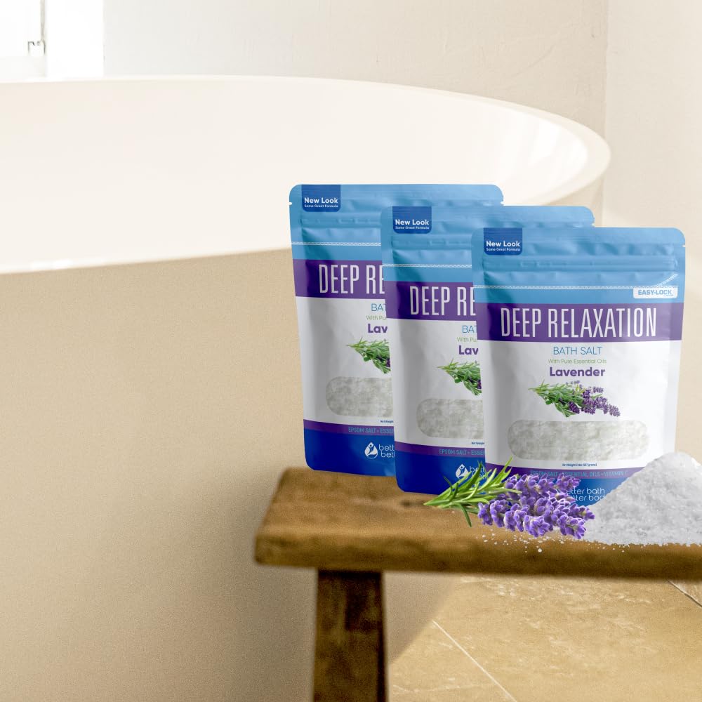 Deep Relaxation Bath Salt (3 Pack Plus Scoop) Relaxing Bath Soak with Pure Lavender Essential Oil in BPA Free Pouch with Press Lock Seal Made in USA 3 Pack of 2 Lbs 6 Lbs Total
