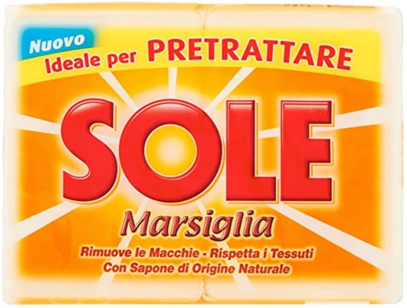 Sole:"Sole Marsiglia" Marseille Laundry Soap for Pre-Treating 8.8 Ounce (250gr) Soaps (Pack of 4) [ Italian Import ]
