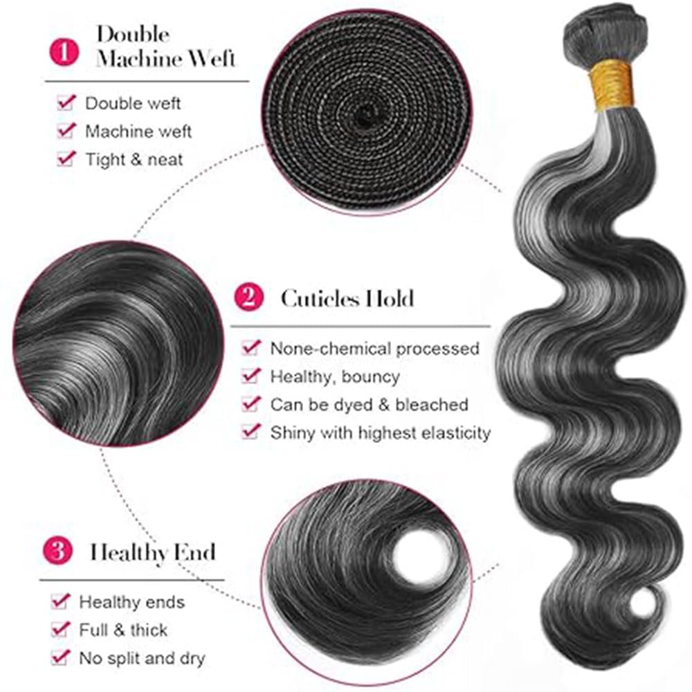 Bafamiya Highlight Grey Human Hair Bundles Body Wave 14 16 18 Inch P1B/Grey Bundles Human Hair 3 Bundle 300g Total Unprocessed Brazilian Virgin Hair for Black Women