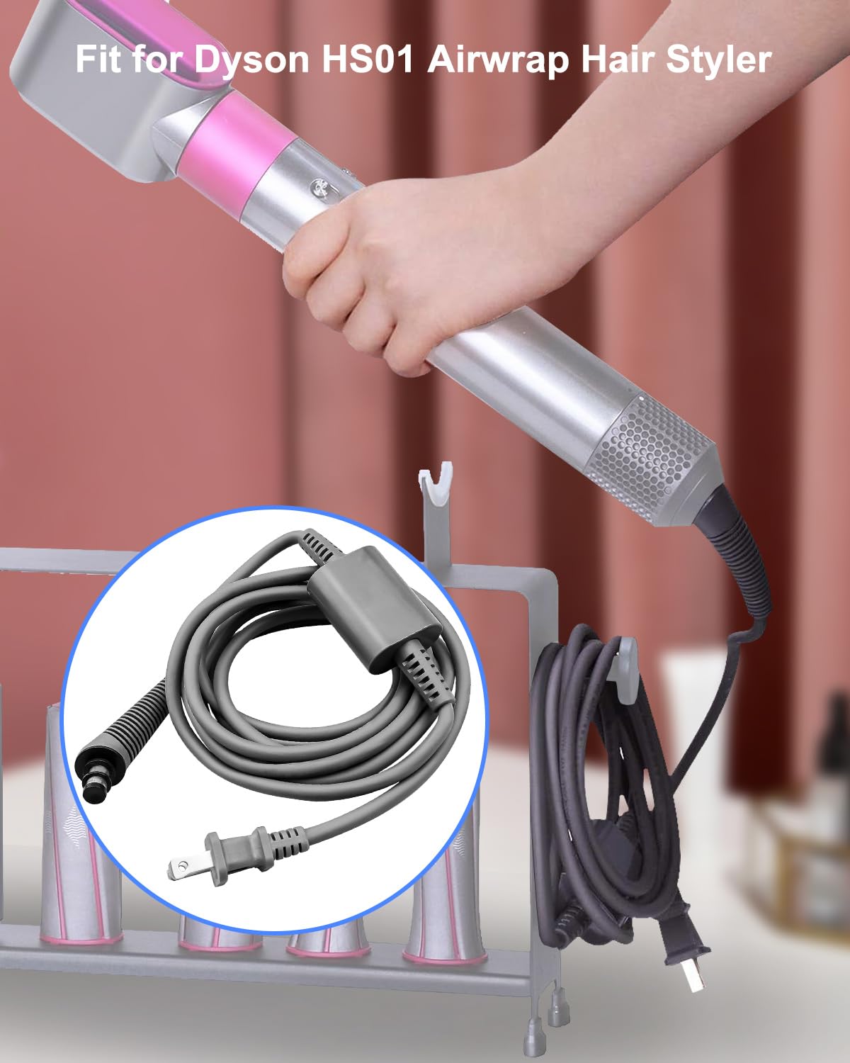 Curly Hair Rod Power Cord Fit for Dyson HS01 Airwrap Hair Styler, 106" Curling Iron AC Charger Replacement Cable, Curler Hair Roller Adapter Plug Line Repair Set