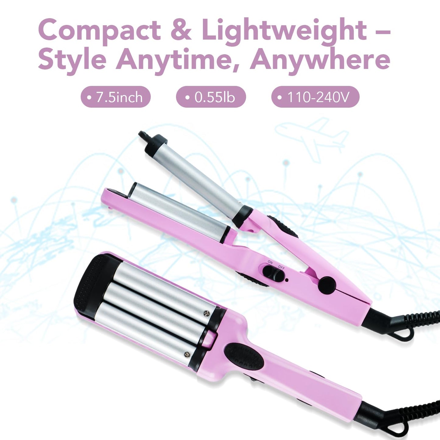 Ouphiny Mini Hair Crimper, 3 Barrel Curling Iron 1/2 Inch with Dual Voltage, Travel Beach Waver Curling Iron for Short to Medium Hair, Purple