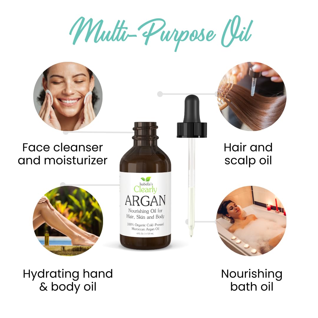 Clearly ARGAN Oil for Hair - 100% Pure Organic Cold Pressed Moroccan Oil | Virgin & Unrefined in Glass Bottle - 4 oz