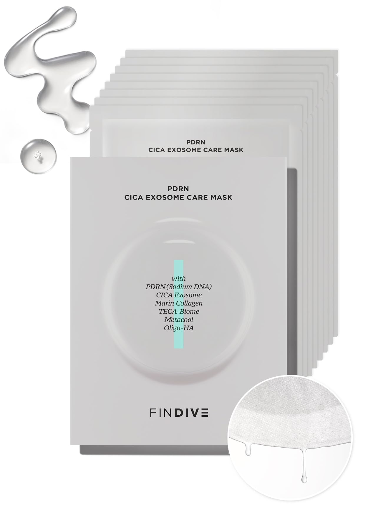 FINDIVE OFFICIAL PDRN CICA Exosome Care Mask, PDRN (Sodium DNA) 5,000ppm, Cica Exosome, Marin Collagen, Soothes, Regenerates Skin, Korean Skincare 1.05fl.oz* 8 Sheets