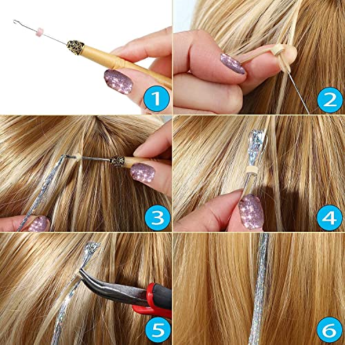 Hair Tinsel Kit, Fairy Tinsel Hair Extensions With Tool 3200 Strands 12 Colors Holographic Hair Tinsel Heat Resistant Sparkling Hair Glitter for Christmas New Year Party