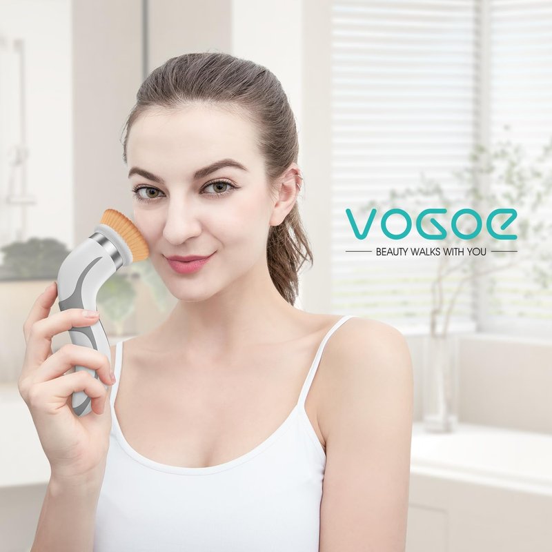 VOGOE Facial Cleansing Brush - Rechargeable Spin Exfoliator with 2 Brush Heads | 2-Speed Electric Face Scrubber in Grey