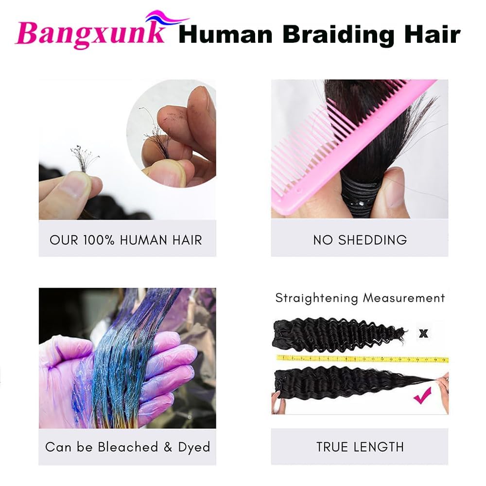 Human Braiding Hair 2 Bundles/Pack 100g Deep Wave Human Bulk Hair for Braiding No Weft 10A Brazilian Virgin braiding Hair for Boho Braids Extensions (Natural Color, 14 inch)