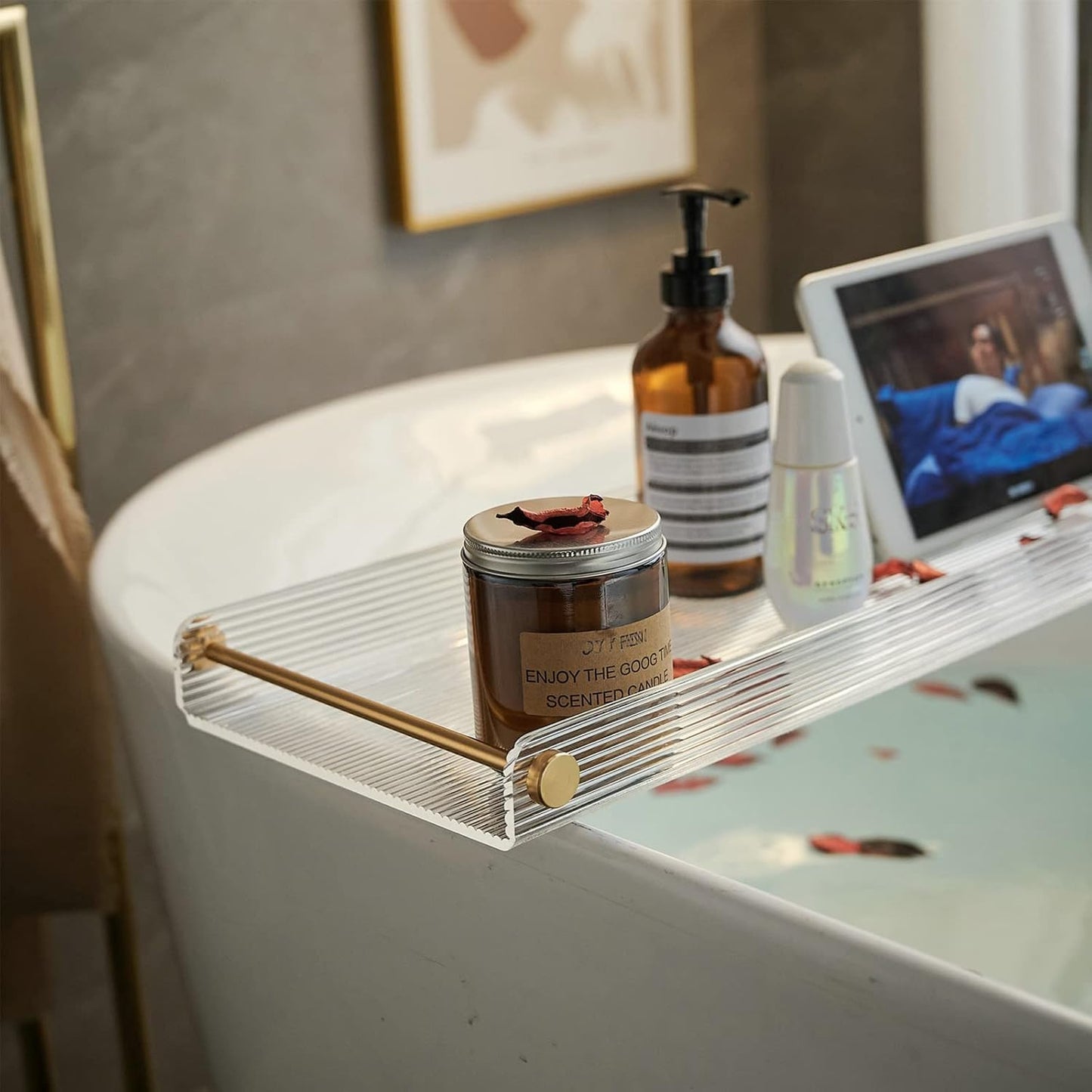 Acrylic Bathtub Tray, NEWRAIN Clear Bath Caddy Tub Table,Unique House Warming Gifts, New Home, Anniversary and Wedding Gifts for Couple, Bathroom Accessories for Spa or Reading Lite Style ﻿
