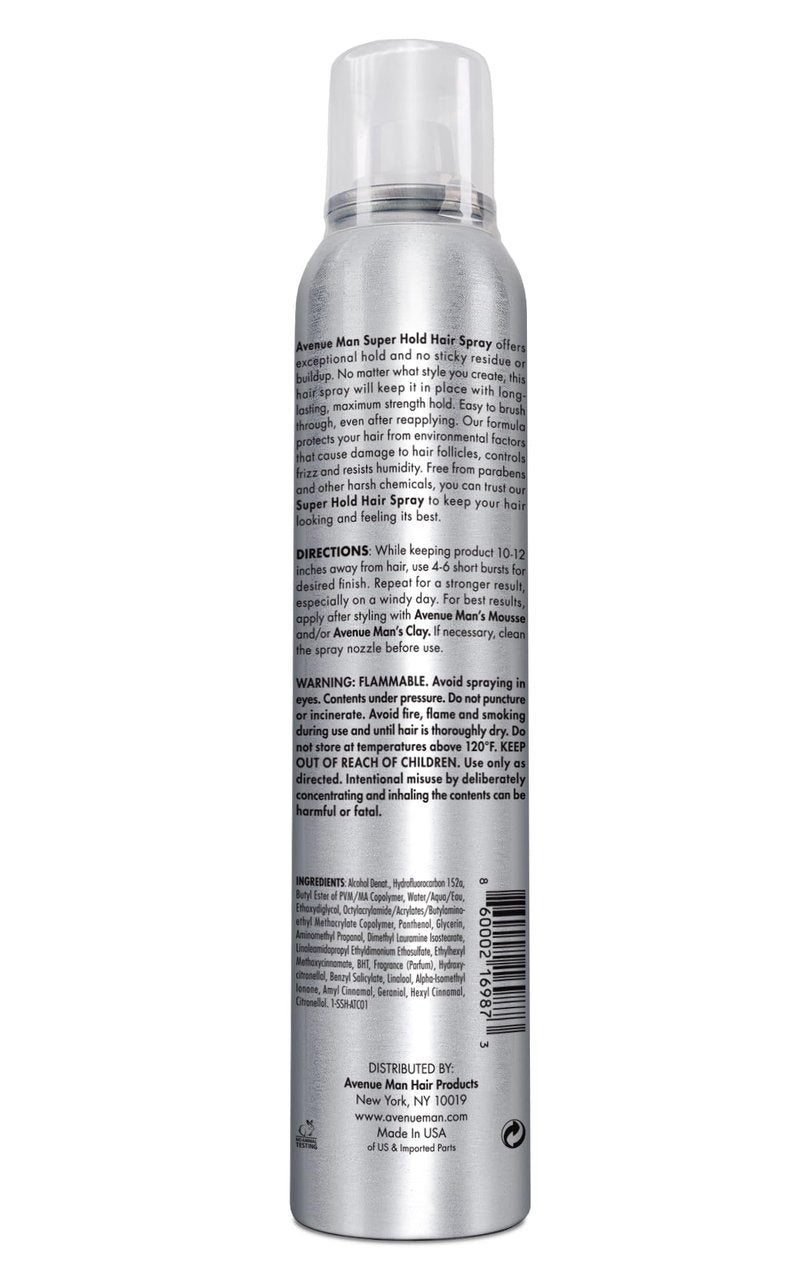 Avenue Man Super Hold Hairspray for Men - Fast-Drying Men Hair Spray - Shapes, Lifts & Holds Hair for Long-Lasting Control - Mens Hair Spray Extra Hold for Effortless All-Day Control - 10 oz