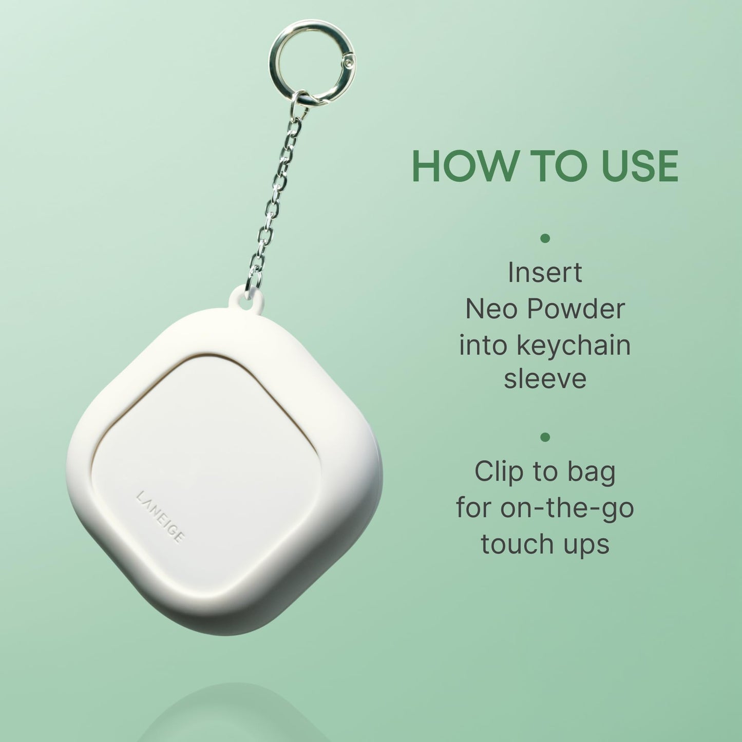 LANEIGE Neo Powder Keychain: Travel-Friendly Silicone Sleeve & Silver Ring for On-the-Go Touch Ups