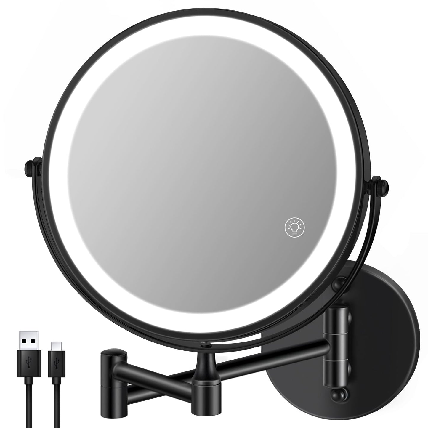 8.5'' Lighted Makeup Mirror with Magnification, Double Sided Dual Touch 1X/10X Magnifying Mirror with Lights 360°Swivel Bathroom Mirror with Extendable Arm