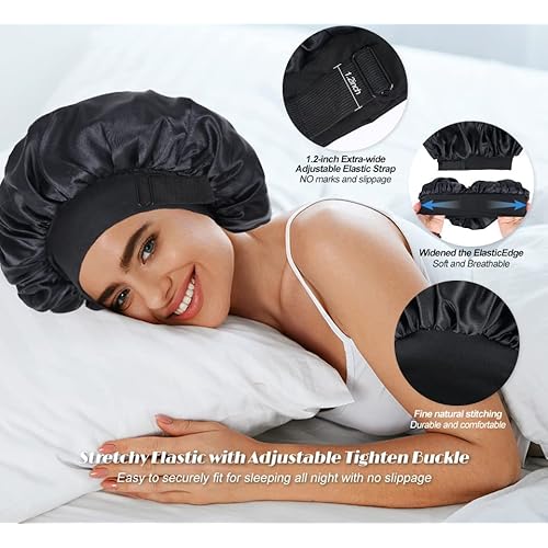 Silk Bonnet for Sleeping Double Layer Satin Bonnet Adjustable Bonnets for Black Women Sleep Cap Reversible Hair Bonnet for Curly Hair (Black and Purple)