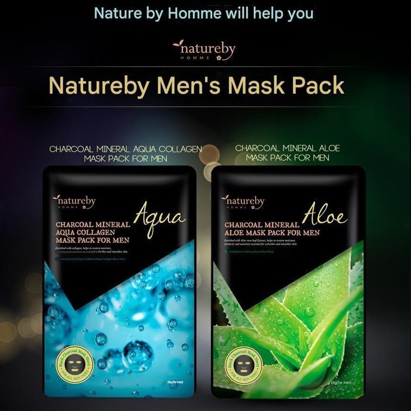 Charcoal Mineral Mask Pack for Men - Korean Skincare Face Treatment | Aloe Soothing, 10 Sheets