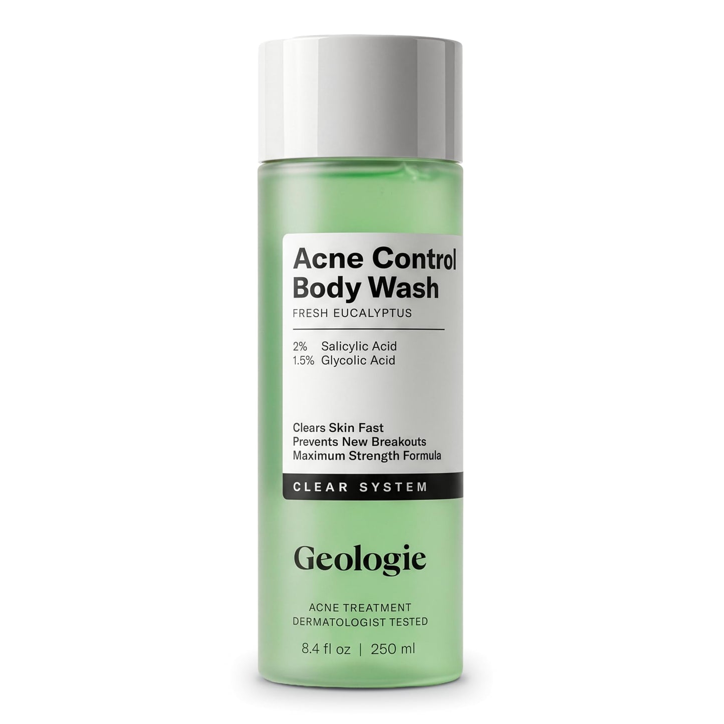 Geologie Acne Control Body Wash | Fresh Eucalyptus | 2% Salicylic Acid + 1.5% Glycolic Acid | Clears Body Acne & Prevents Breakouts | For Men & Women | No Benzoyl Peroxide | 8.4 oz