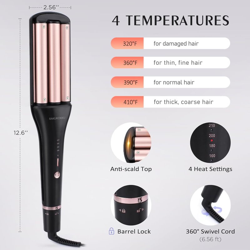 4 in 1 Crimper Hair Tool - Hair Waver with Adjustable Depths for 4 Wavy Styles, Beach Waves Curling Iron with 3 Ceramic Barrels, 4 Temperatures, Dual Voltage, for Women (Gold)