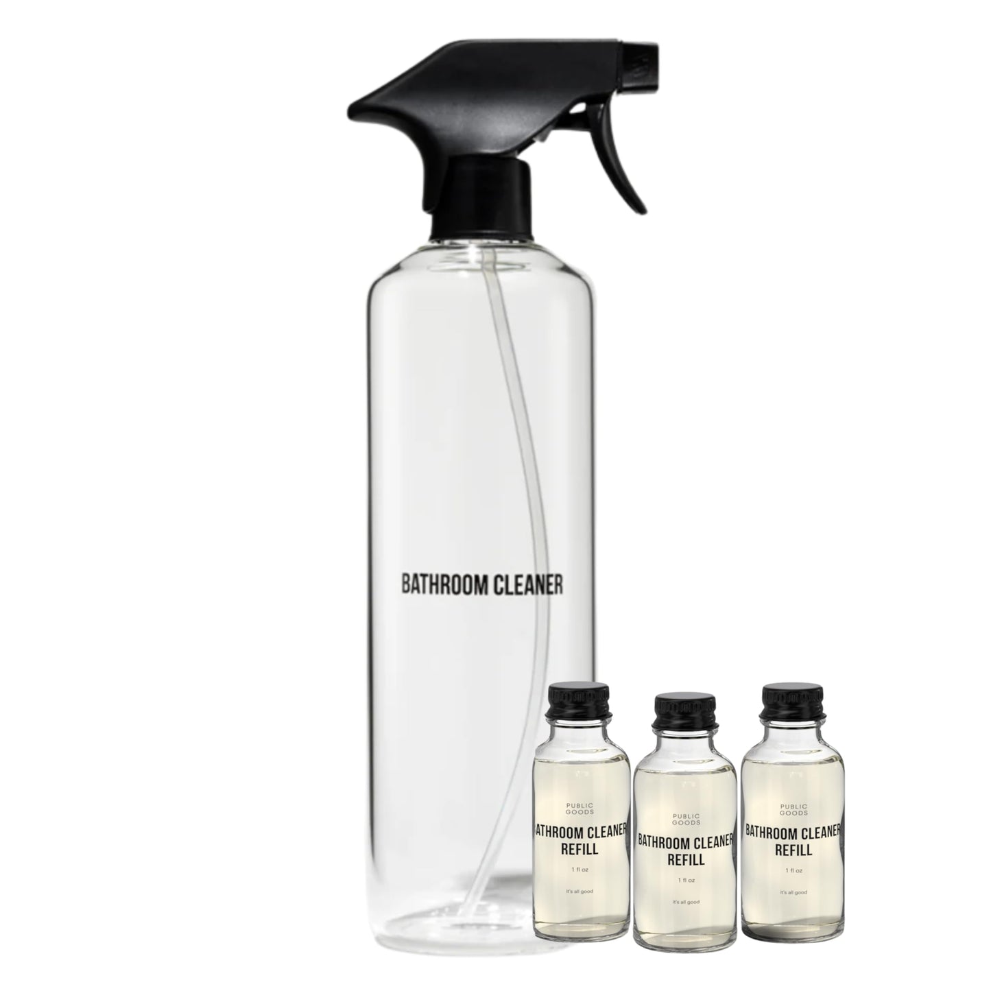 Public Goods Bathroom Cleaner Refill & Glass Spray Bottle | Refill Concentrate for Toilets, Tile, Showers | Cruelty Free | Scented w/Lemon Rosemary Essential Oils | 3 Pack - 24 Oz Diluted