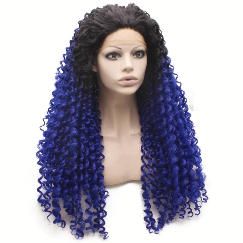 MX angel Long Curly Ombre Blue Wig Frontal Lace Wig Heat Resistant Synthetic Hair Lace Front Wig