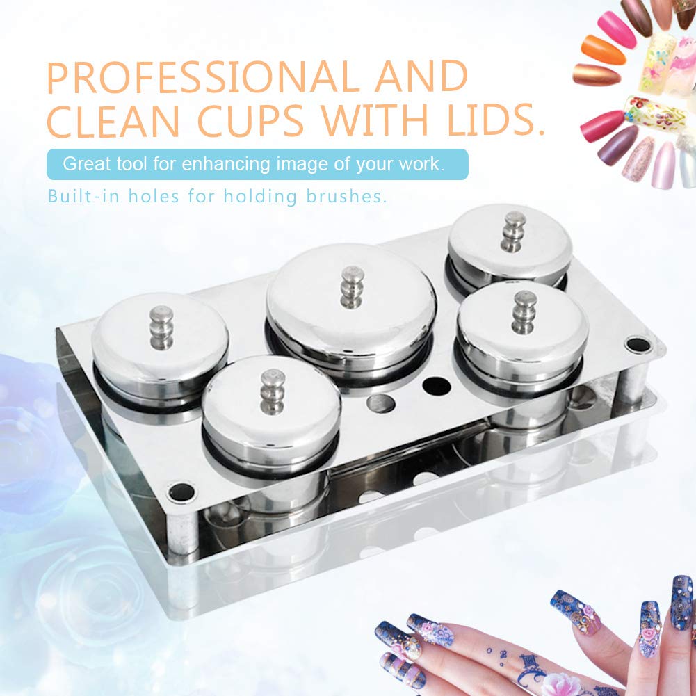 5 x Nail Art Equipment Cup Bowls with Storage Tray, Stainless Steel Acrylic Liquid Powder Cup with Lids Dappen Dish Nail Pen Brush Holder Mini Pot Cans for Glitter Nail Design Equipment Tools