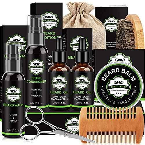 Beard Kit for Men with Beard Wash, Beard Conditioner, Beard Oil, Beard Balm, Brush, Comb, Scissors, Storage Bag, Gifts for Men Dad Husband Boyfriend