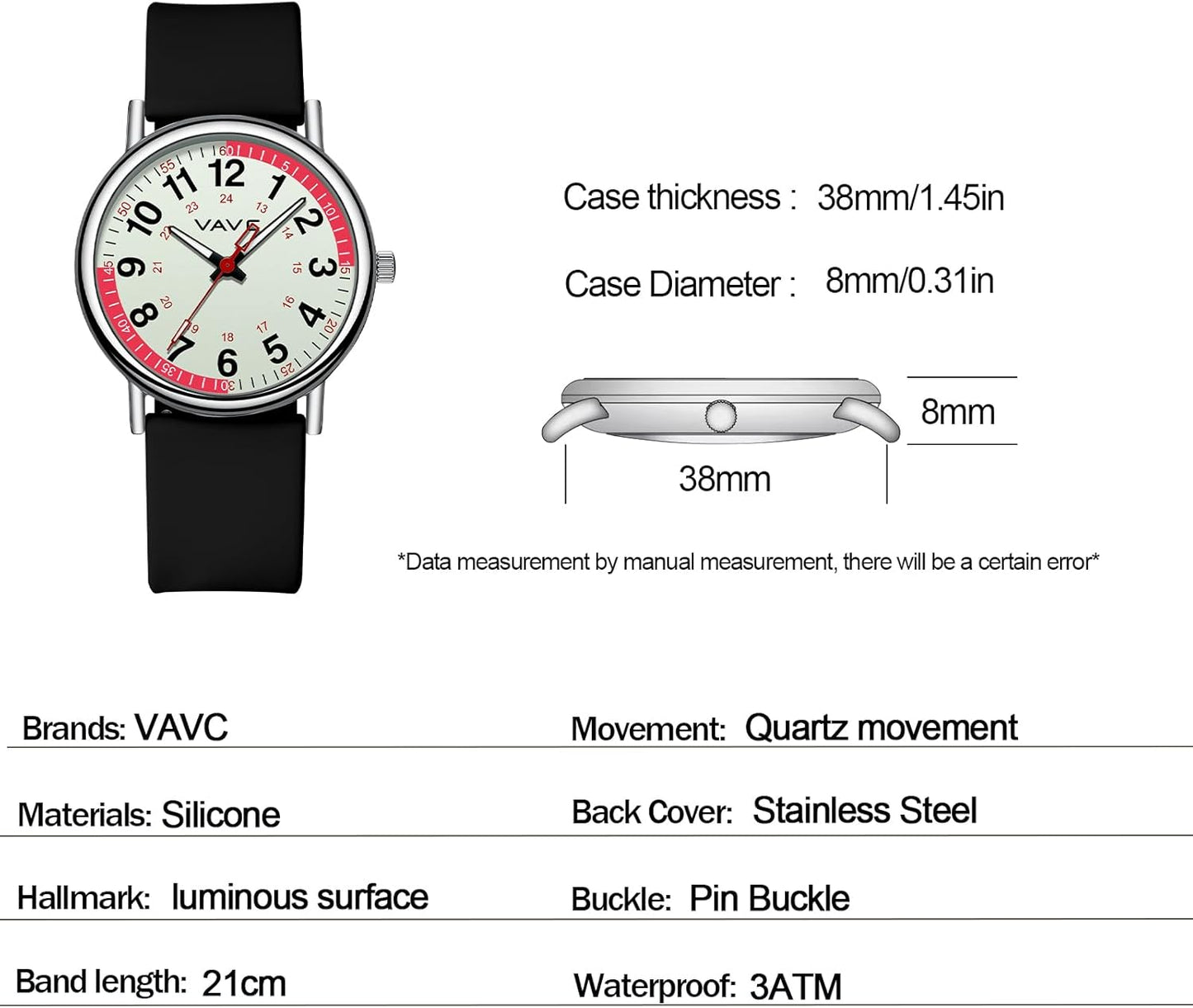 Waterproof Analog Nurse Watch for Nurses,Students,Medical Professionals,Women Men,with Luminouse Easy Read Dial,Military Time,Second Hand and 24 Hour,Comfortable Silicone Band.