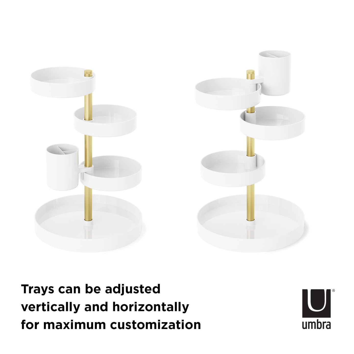 Umbra Pirouette Cosmetic Organizer, Large Capacity Makeup Storage with Adjustable Compartments, White/Brass