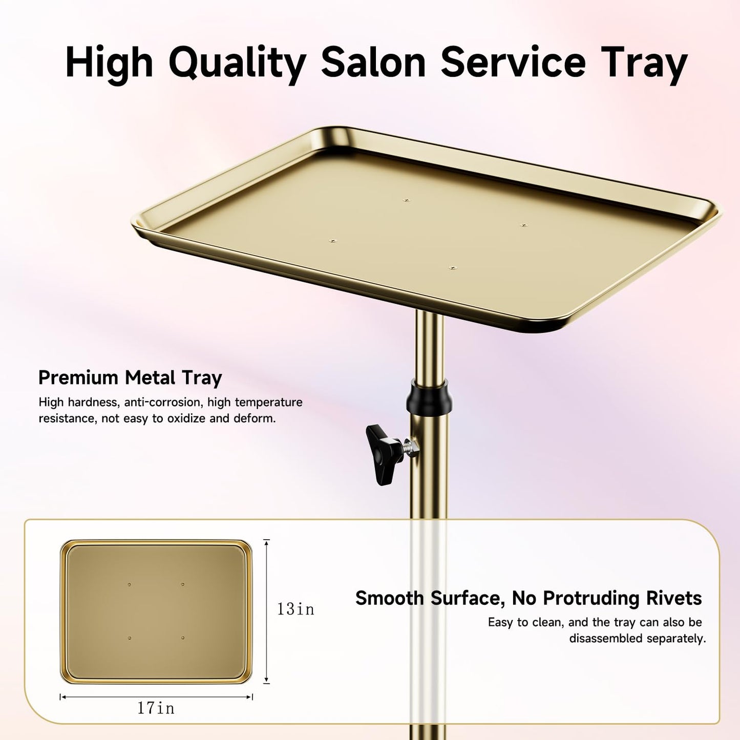 Salon Tray, Premium Metal Rolling Tray Cart, Tattoo Tray Height Adjustable, Dentist Tray Medical Tray Spa Service Rolling Tray,Champagne Gold