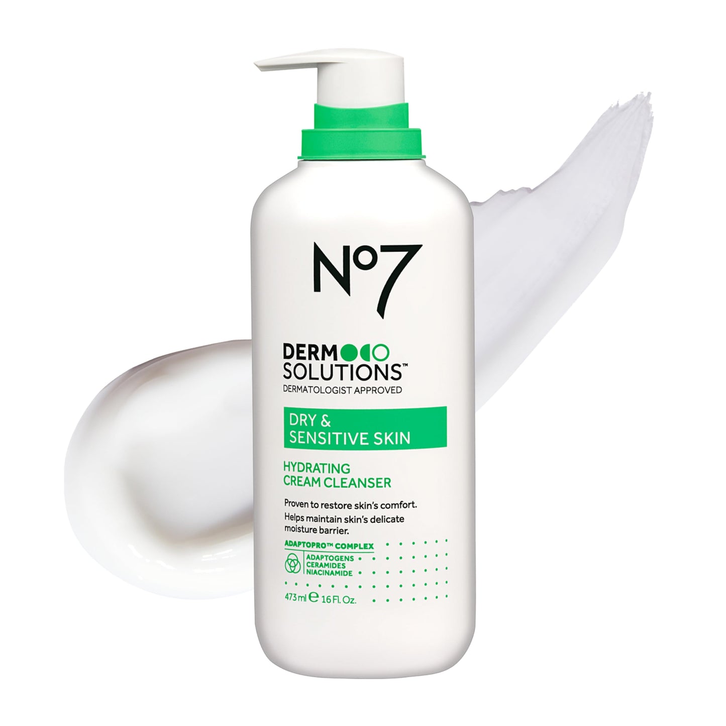No7 Derm Solutions Hydrating Facial Cleanser - Gentle Cream Face Wash Formulated with Ceramides, Niacinamide & Adaptogens to Help Maintain Skin's Moisture Barrier - For Dry & Sensitive Skin (16 Fl Oz)