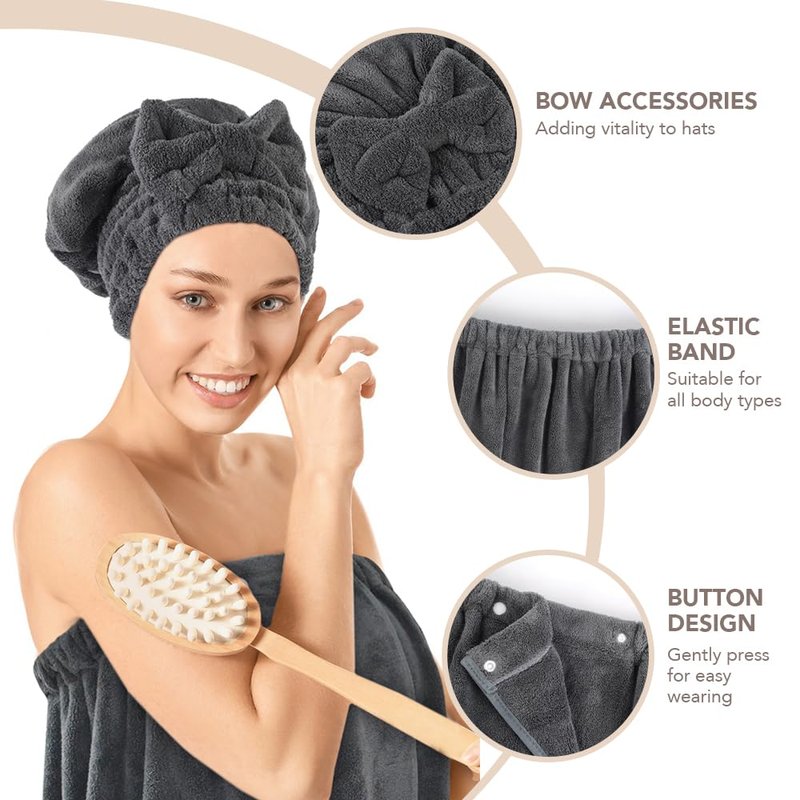 SUNLAND Microfiber Women Hair Drying Towel and Bath Towel Wrap, Adjustable Soft Body Wraps Dress with Hair Towels, Super Absorbent to Quick Drying 32 Inch x 60 Inch Dark Grey